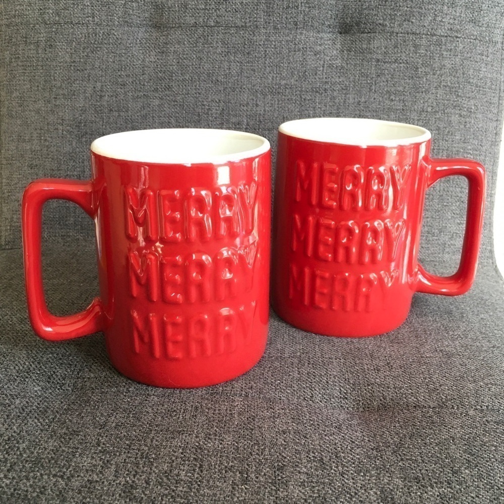 Set/2 “MERRY MERRY MERRY” Coffee Mugs, Red, White, 16 oz
